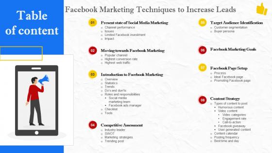 Table Of Content Facebook Marketing Techniques To Increase Leads Strategy SS V