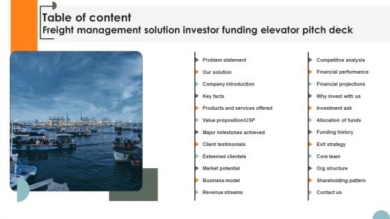 Table Of Content Freight Management Solution Investor Funding Elevator Pitch Deck Table Of Content Freight Management Solution Investor Funding Elevator Pitch Deck