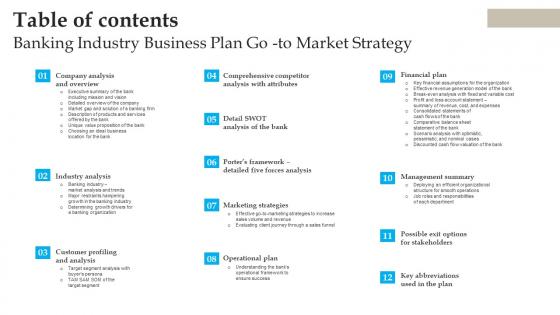 Table Of Contents Banking Industry Business Plan Go To Market Strategy Pictures Pdf