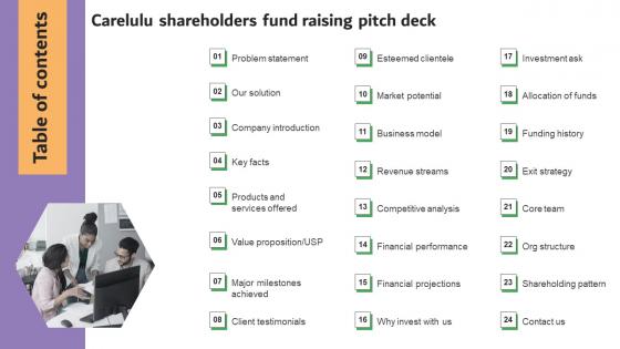 Table Of Contents Carelulu Shareholders Fund Raising Pitch Deck Microsoft Pdf