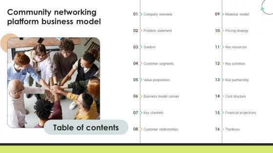 Table Of Contents Community Networking Platform Business Model Table Of Contents Community Networking Platform Business Model