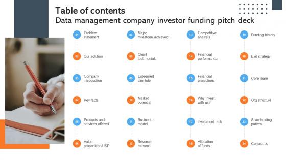 Table Of Contents Data Management Company Investor Funding Pitch Deck Table Of Contents Data Management Company Investor Funding Pitch Deck