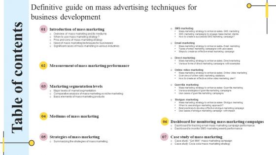 Table Of Contents Definitive Guide On Mass Advertising Techniques For Business Sample Pdf