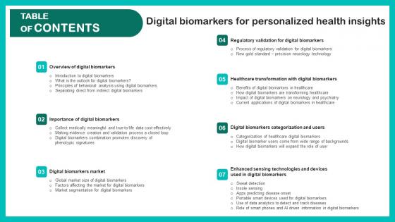 Table Of Contents Digital Biomarkers For Personalized Health Insights Mockup Pdf