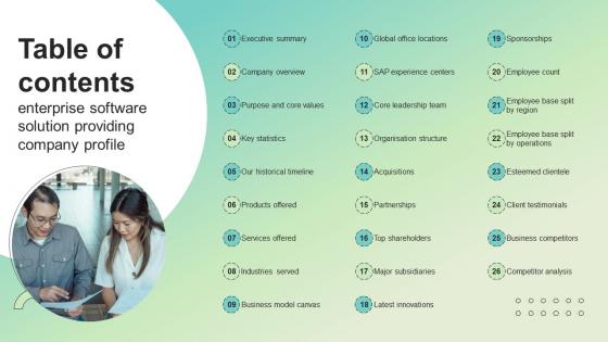 Table Of Contents Enterprise Software Solution Providing Company Profile CP SS V Table Of Contents Enterprise Software Solution Providing Company Profile CP SS V