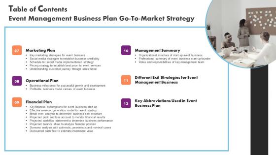 Table Of Contents Event Management Business Plan Go To Market Strategy Mockup Pdf