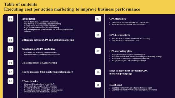Table Of Contents Executing Cost Per Action Marketing To Improve Business Performance Themes Pdf