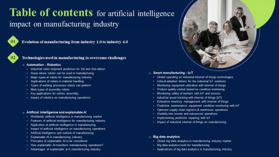 Table Of Contents For Artificial Intelligence Impact On Manufacturing Industry Elements PDF