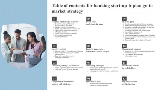 Table Of Contents For Banking Start Up B Plan Go To Market Strategy Mockup Pdf