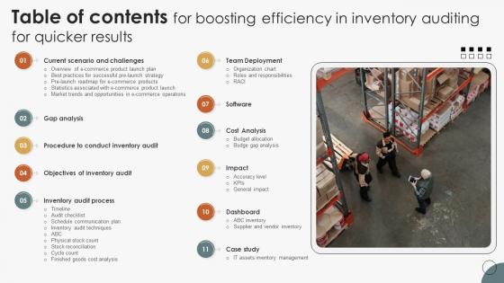 Table Of Contents For Boosting Efficiency In Inventory Auditing For Quicker Results Table Of Contents For Boosting Efficiency In Inventory Auditing For Quicker Results