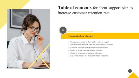 Table Of Contents For Client Support Plan To Increase Customer Retention Rate Strategy SS V