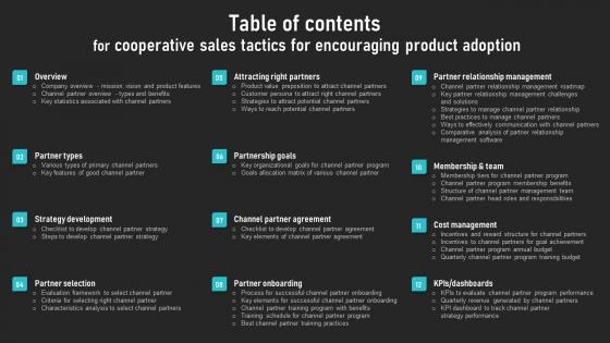 Table Of Contents For Cooperative Sales Tactics For Encouraging Product Adoption Diagrams Pdf