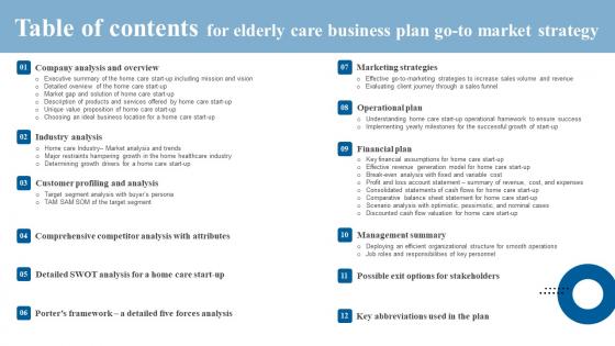 Table Of Contents For Elderly Care Business Plan Go To Market Strategy Topics Pdf