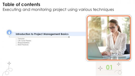 Table Of Contents For Executing And Monitoring Project Using Various Techniques PM SS V