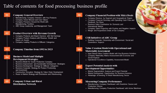 Table Of Contents For Food Processing Business Profile Ideas Pdf