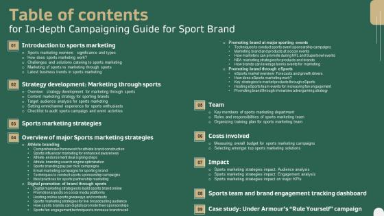 Table Of Contents For In Depth Campaigning Guide For Sport Brand Infographics PDF