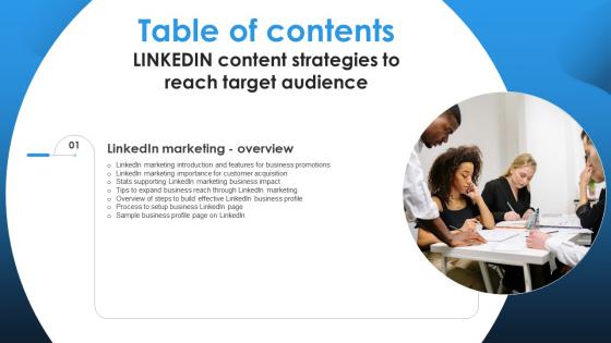 Table Of Contents For Linkedin Content Strategies To Reach Target Audience MKT SS V Table Of Contents For Linkedin Content Strategies To Reach Target Audience MKT SS V