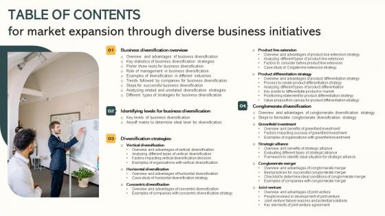 Table Of Contents For Market Expansion Through Diverse Business Initiatives Topics Pdf