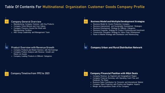 Table Of Contents For Multinational Organization Customer Goods Company Profile Portrait Pdf