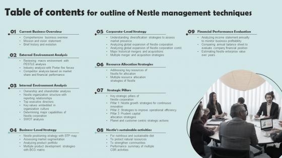 Table Of Contents For Outline Of Nestle Management Techniques Graphics Pdf