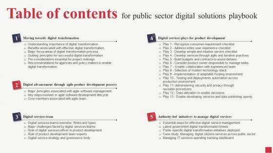 Table Of Contents For Public Sector Digital Solutions Playbook Topics Pdf