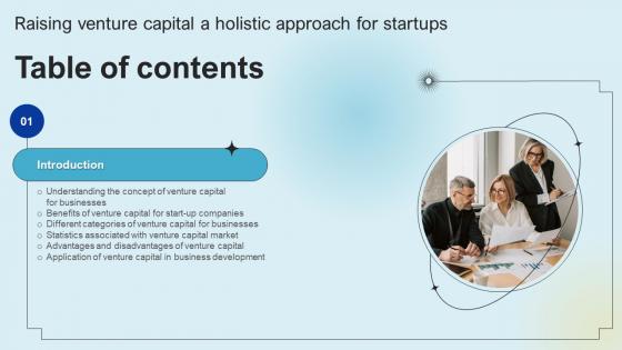 Table Of Contents For Raising Venture Capital A Holistic Approach For Startups Fin SS V Table Of Contents For Raising Venture Capital A Holistic Approach For Startups Fin SS V