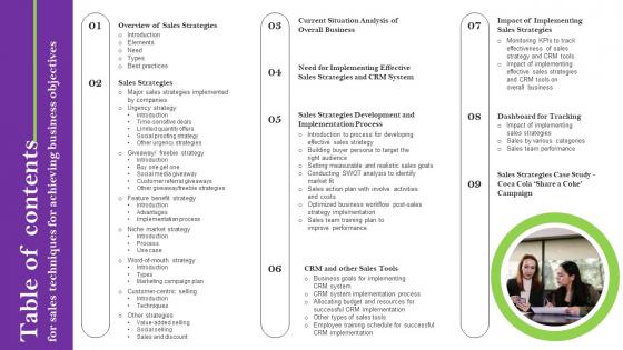 Table Of Contents For Sales Techniques For Achieving Business Objectives Portrait Pdf