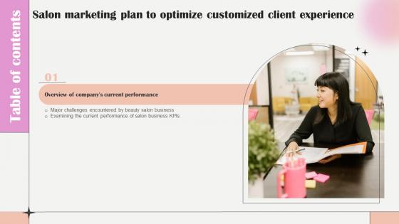 Table Of Contents For Salon Marketing Plan To Optimize Customized Client Experience Strategy SS V