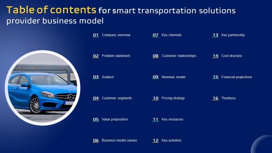 Table Of Contents For Smart Transportation Solutions Provider Business Model BMC SS V Table Of Contents For Smart Transportation Solutions Provider Business Model BMC SS V