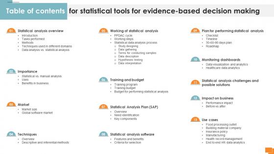 Table Of Contents For Statistical Tools For Evidence Based Decision Making
