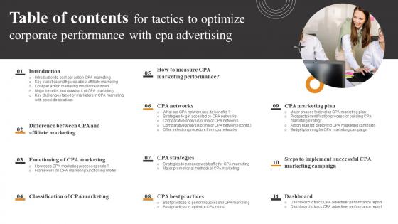 Table Of Contents For Tactics To Optimize Corporate Performance With CPA Slides Pdf