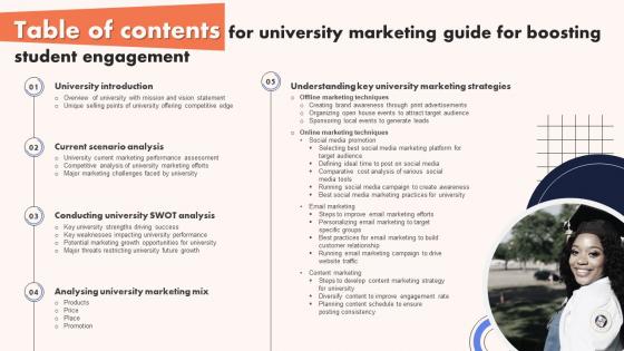 Table Of Contents For University Marketing Guide For Boosting Student Engagement Strategy SS V