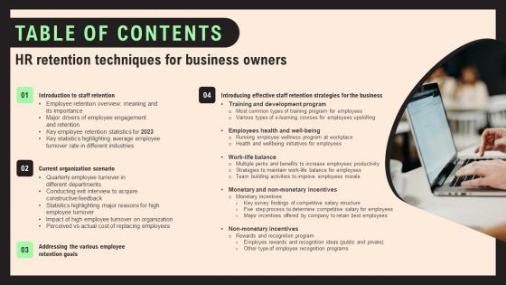 Table Of Contents HR Retention Techniques For Business Owners Inspiration Pdf