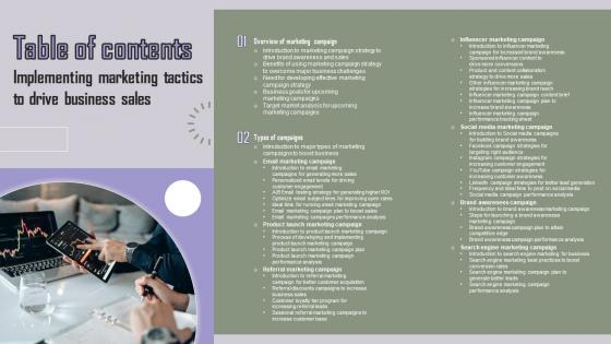 Table Of Contents Implementing Marketing Tactics To Drive Business Sales Slides Pdf