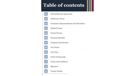 Table Of Contents Informal Debt Arrangement One Pager Sample Example Document