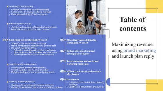 Table Of Contents Maximizing Revenue Using Brand Marketing And Launch Plan Reply Inspiration Pdf