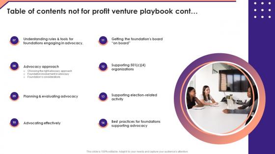 Table Of Contents Not For Profit Venture Playbook Icons Pdf