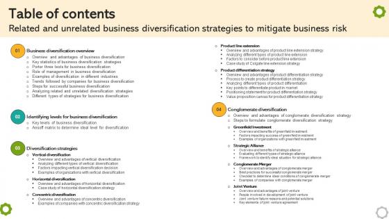 Table Of Contents Related And Unrelated Business Diversification Strategies To Mitigate Business Risk