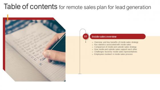 Table Of Contents Remote Sales Plan For Lead Generation Strategy SS V Table Of Contents Remote Sales Plan For Lead Generation Strategy SS V