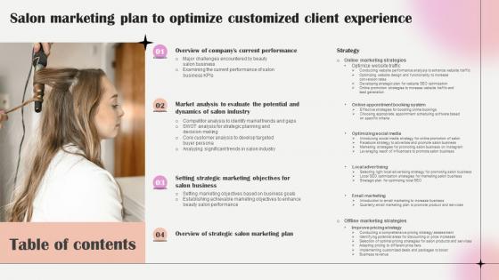 Table Of Contents Salon Marketing Plan To Optimize Customized Client Experience Strategy SS V Table Of Contents Salon Marketing Plan To Optimize Customized Client Experience Strategy SS V