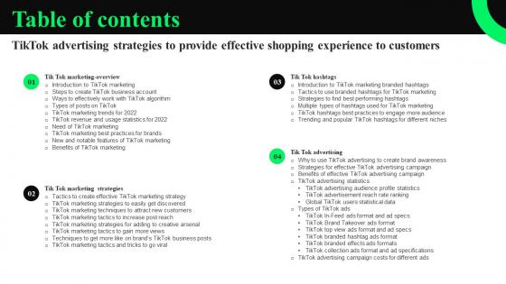 Table Of Contents TikTok Advertising Strategies To Provide Effective Shopping Experience Themes Pdf