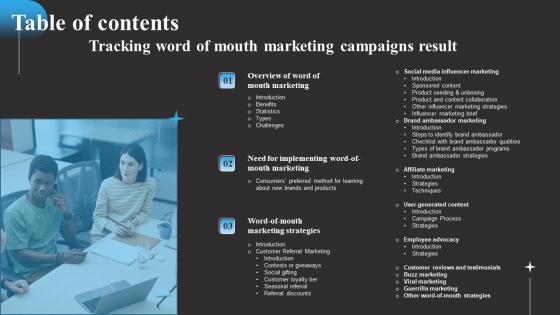 Table Of Contents Tracking Word Of Mouth Marketing Campaigns Result Designs PDF