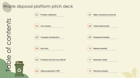 Table Of Contents Waste Disposal Platform Pitch Deck Ppt Example