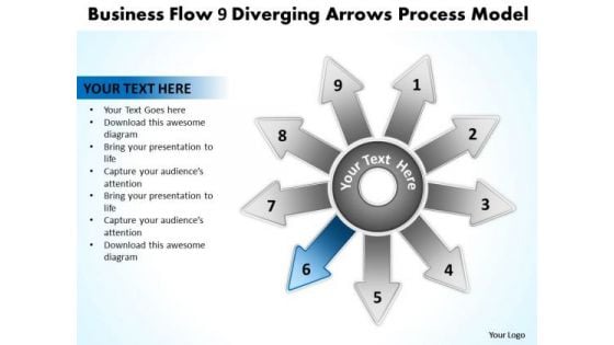 Templates Flow 9 Diverging Arrows Process Model Circular Diagram PowerPoint Slide