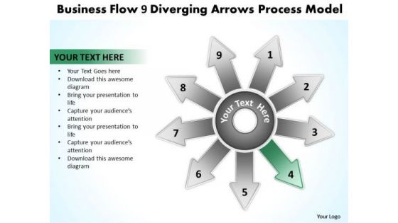 Templates Flow 9 Diverging Arrows Process Model Circular Diagram PowerPoint Slides