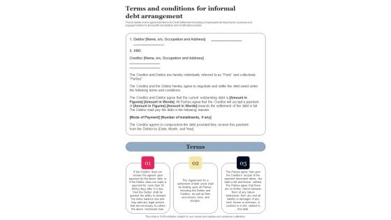 Terms And Conditions For Informal Debt Arrangement One Pager Sample Example Document