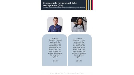 Testimonials For Informal Debt Arrangement One Pager Sample Example Document