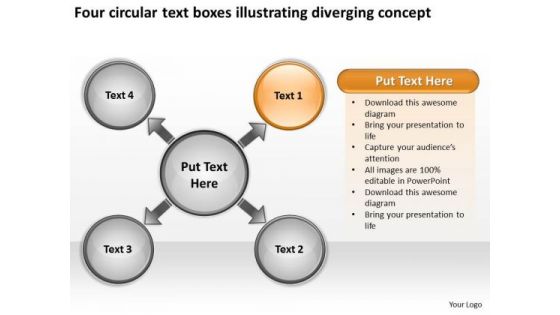 Text Boxes Illustrating Diverging Concept Circular Flow Spoke Diagram PowerPoint Slides