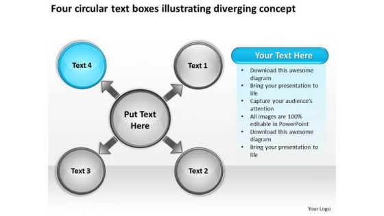 Text Boxes Illustrating Diverging Concept Cycle Circular Flow Spoke Diagram PowerPoint Slides