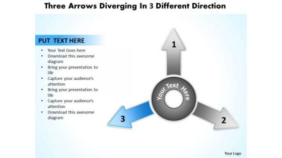 Three Diverging Arrows Pointing Direction Cycle Process PowerPoint Slides